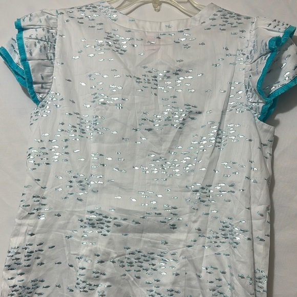 White and Blue Sheath Mini Dress with Flutter Cap Sleeves - Picture 3 of 10